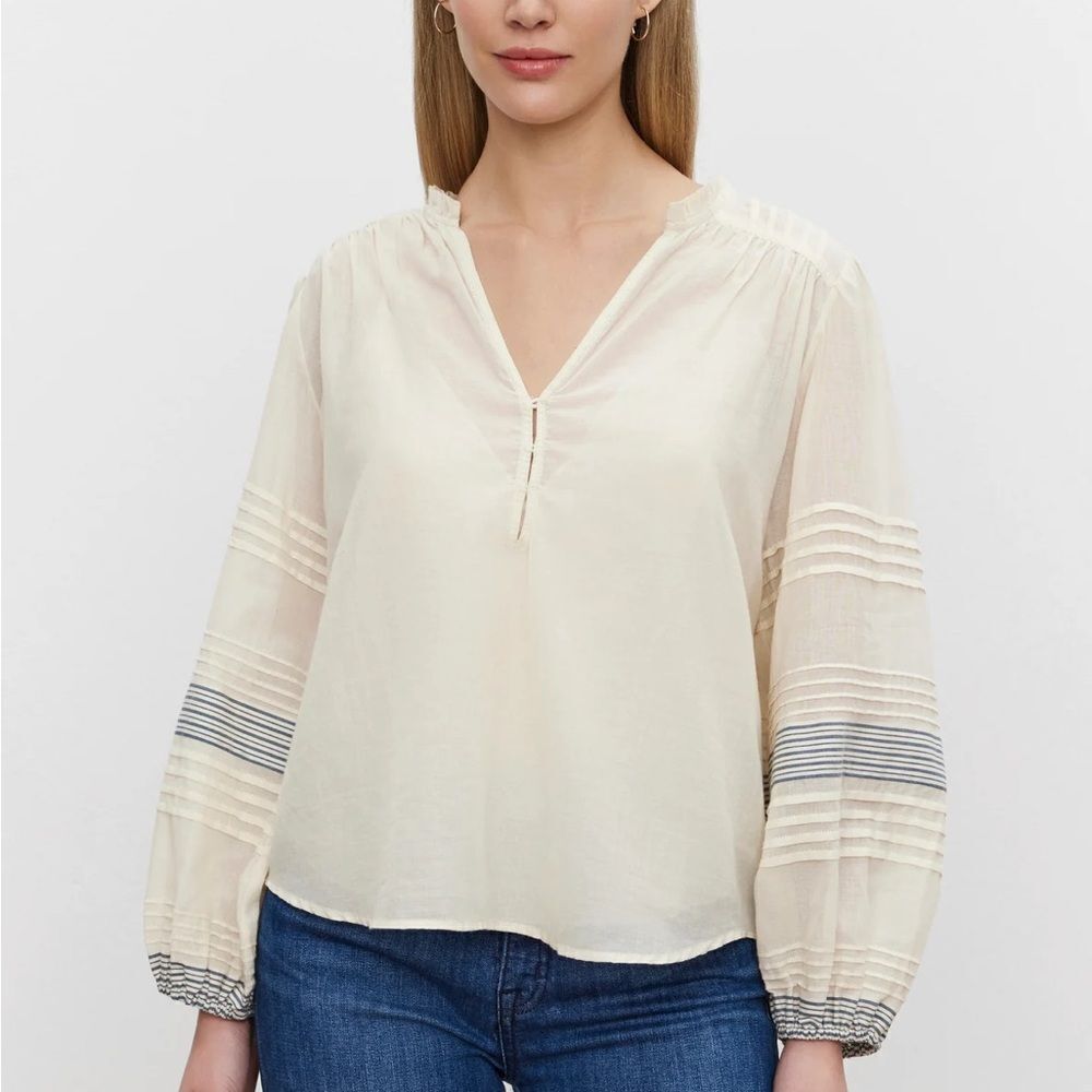 Velvet by Graham & Spencer Cream Blouse with Striped Sleeves